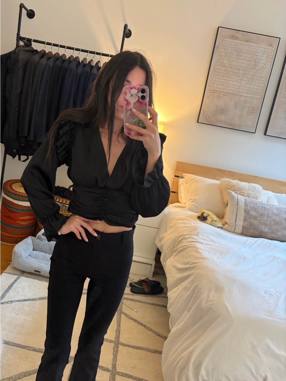 Zara Black Ruffle-Shoulder Ruched V-Neck Blouse - Picture 2 of 3